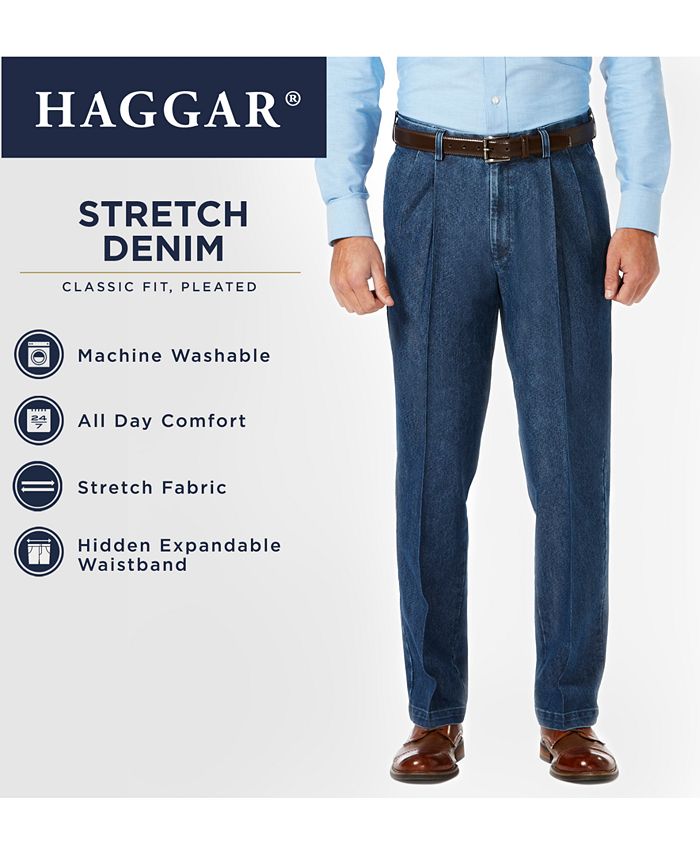 Haggar Men's Stretch Denim Classic-Fit Pleated Pants - Macy's
