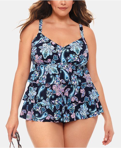 Swim Solutions Plus Size Paisley Tiered One Piece Swimsuit