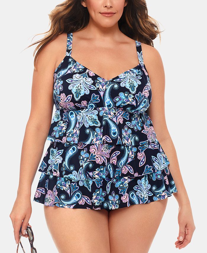 Swim Solutions Plus Size Paisley Tiered One-Piece Swimsuit, Created For ...