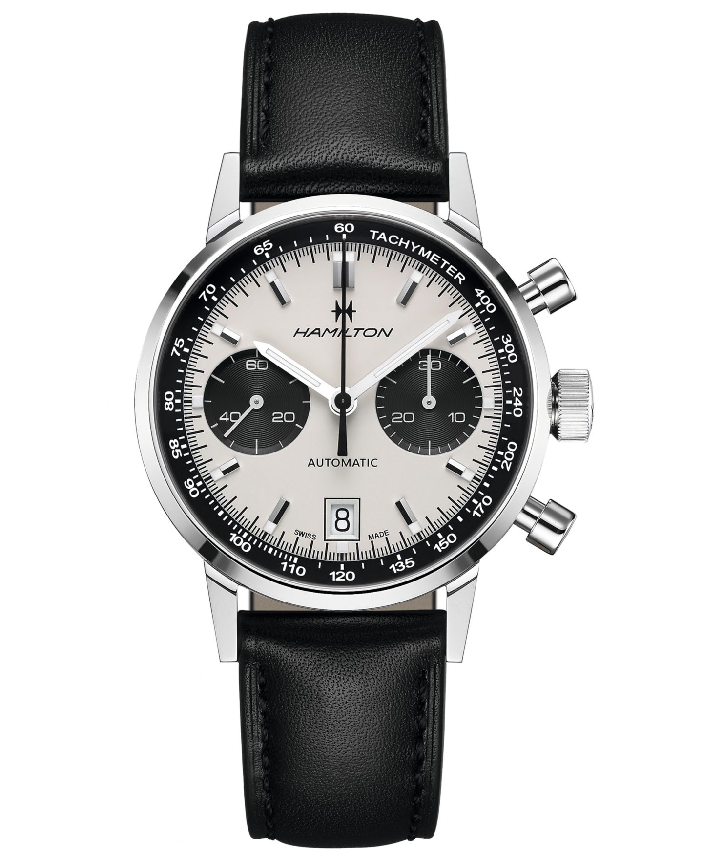 Мужские часы Hamilton Swiss Automatic Chronograph Intra-Matic Black Leather Strap Watch 40mm — фото 1