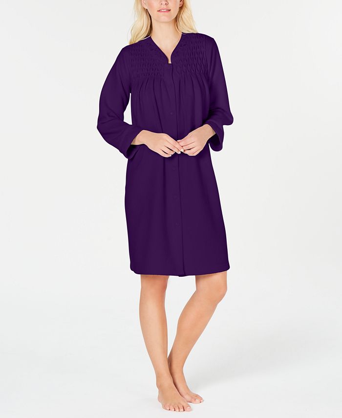 Miss Elaine Smocked Brushed-Back Terry Short Snap Robe - Macy's