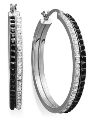 Diamond Fascination - Sterling Silver Earrings, Black and White Diamond Accent Double Row Hoop Earrings