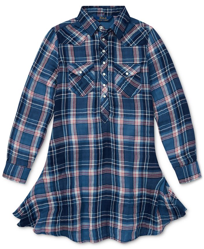 Polo Ralph Lauren Big Girls Western Plaid Cotton Shirtdress - Macy's