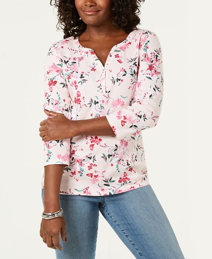 Karen Scott Petite Floral Print Henley Top, Created for Macy's Macy's