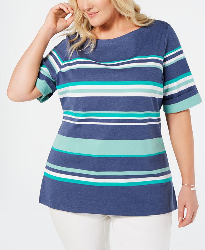 Karen Scott Plus Size Striped Boat-Neck Top, Created for Macy's - Macy's