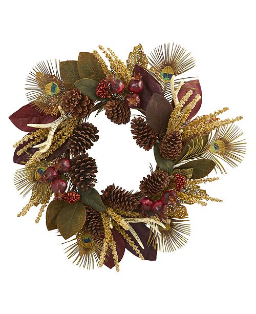 Nearly Natural 27 Magnolia Leaf Berry Antler Peacock Feather Artificial Wreath Reviews Home Macy S