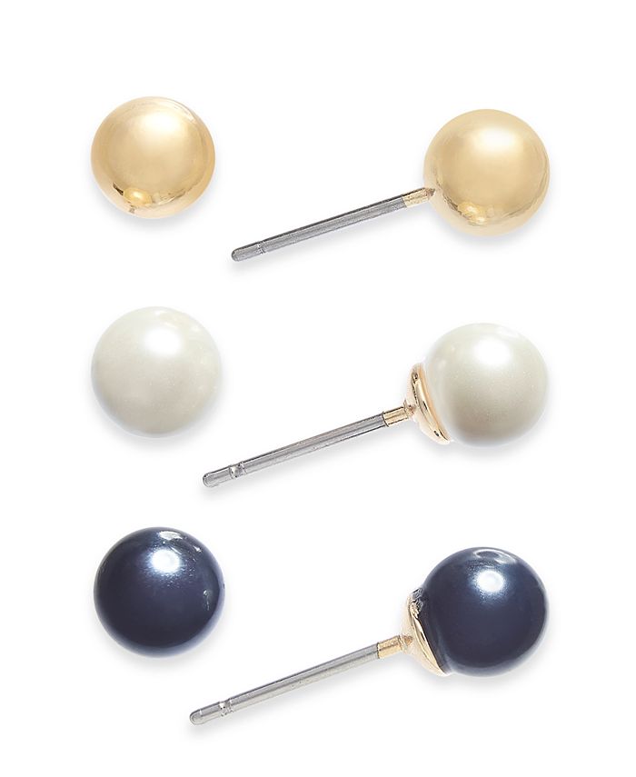 Charter Club - Gold-Tone 3-Pc. Set Multi-Imitation Pearl Stud Earrings