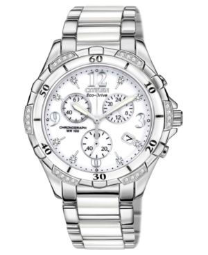 image of Citizen Women-s Chronograph Eco-Drive Diamond Accent Stainless Steel and White Ceramic Bracelet Watch 40mm FB1230-50A