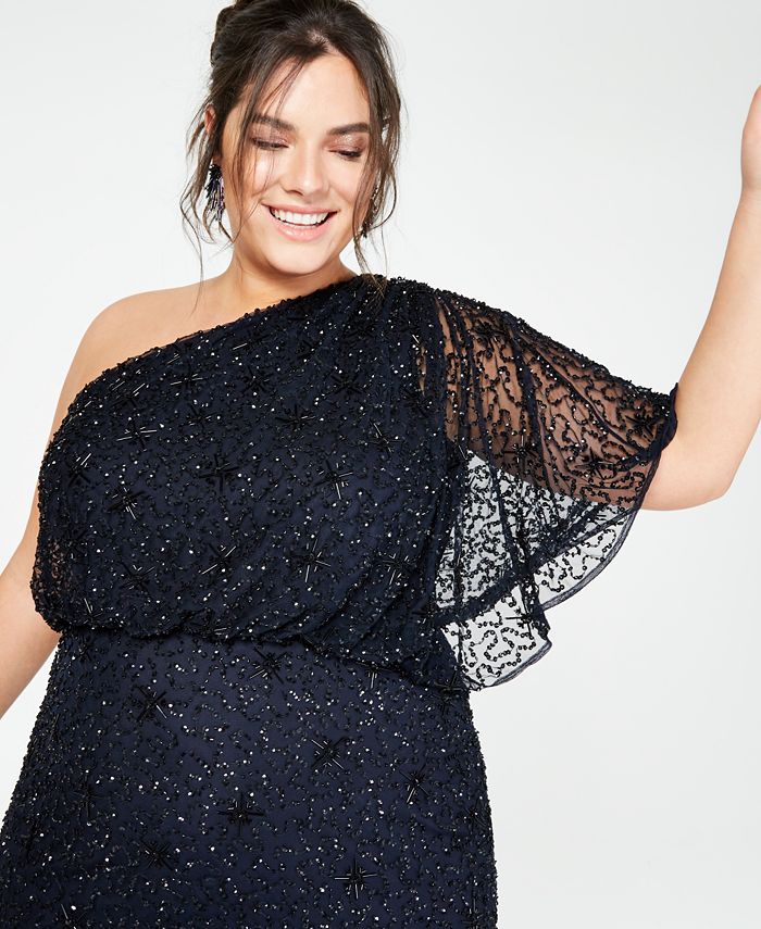 Adrianna Papell Plus Size Adrianna Papell Plus Size One Shoulder Jacquard  Dress In Blue Gold