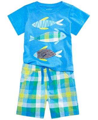 First Impressions Baby Boys Fish-Print T-Shirt & Plaid Shorts, Created for Macy's