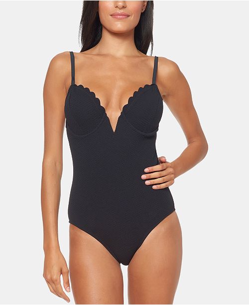 Jessica Simpson Scalloped Edge V Wire Textured One Piece Swimsuit
