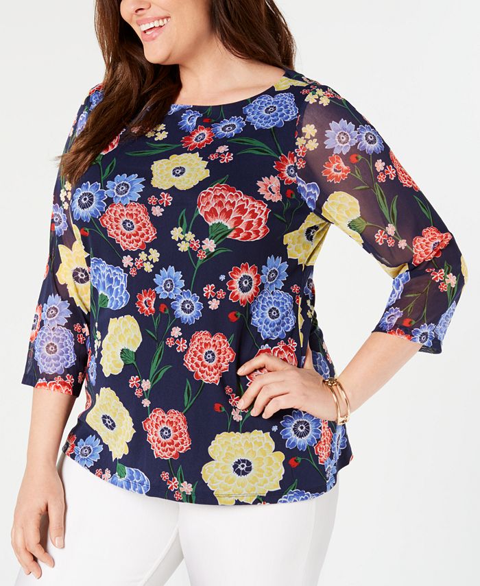 Charter Club Plus Size Printed Mesh 3/4-Sleeve Top, Created for Macy's ...