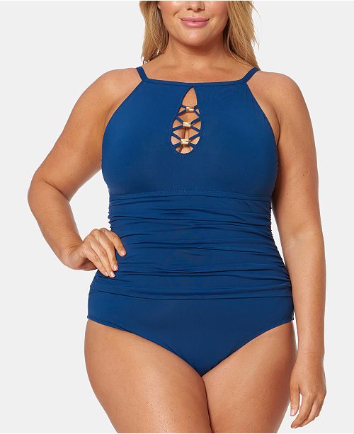 Plus Size High Neck Strappy One Piece Swimsuit