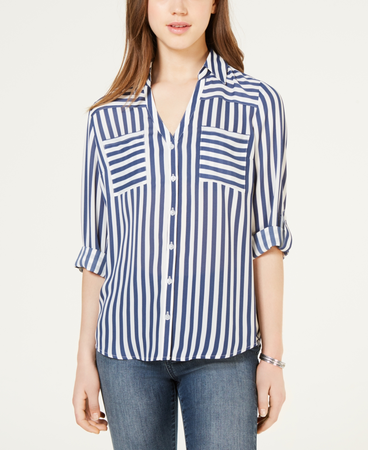 Juniors' Striped Button-Up Shirt - Denim Stripe