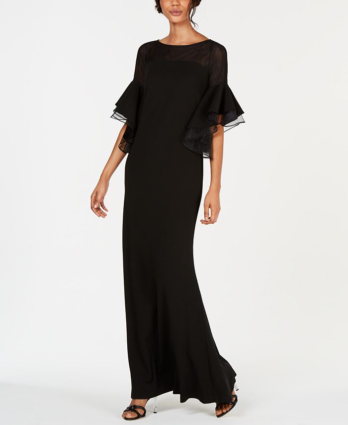 Calvin Klein Tiered Bell-Sleeve Illusion Gown - Macy's