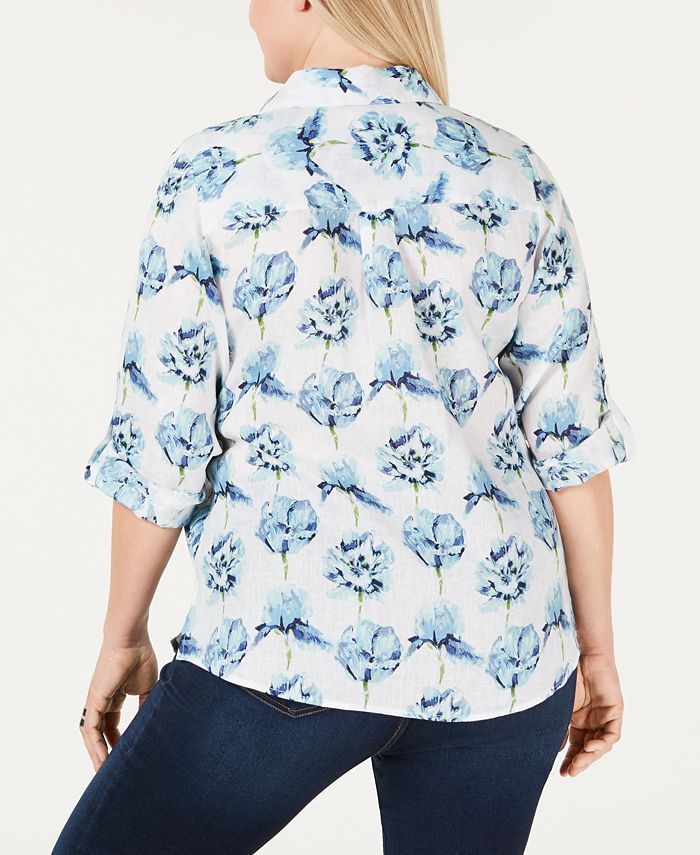 Charter Club Plus Size Linen Floral Roll-Tab Button-Up Shirt, Created ...