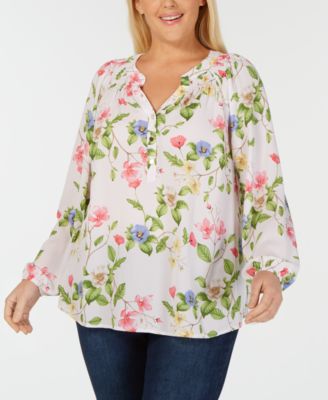 Long-Sleeve Smocked Printed Blouse 