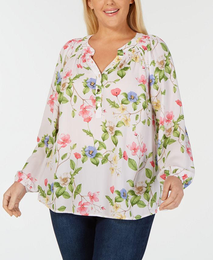 Charter Club Plus Size Long-Sleeve Smocked Printed Blouse, Created for ...