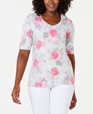 Karen Scott Womens Printed Scoop Neck Top Pink Floral Size Petite Xl