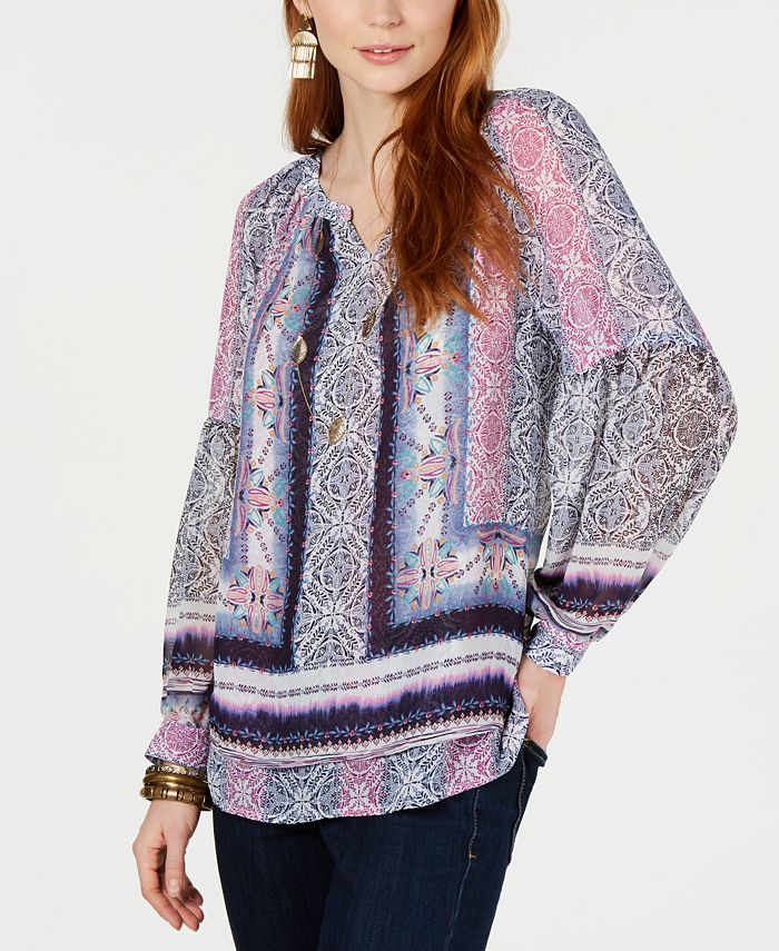 Style & Co Mixed-Print Split-Neck Top, Created for Macy's - Macy's