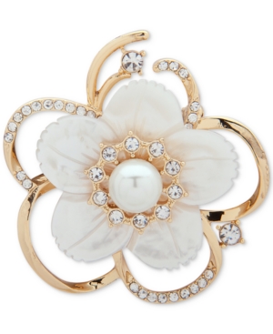 image of Anne Klein Gold-Tone Imitation Pearl, Mother-of-Pearl & Crystal Flower Pin, Created for Macy-s