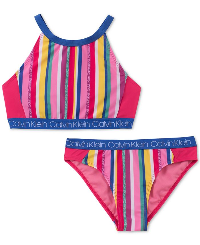 Calvin Klein Big Girls 2-Pc. Striped Bikini Swimsuit - Macy's