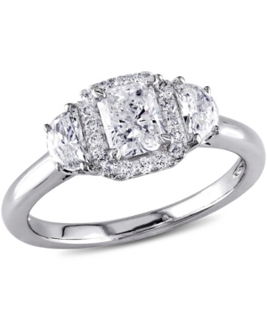 image of Certified Diamond (1 ct. t.w.) Radiant-Shape 3-Stone Halo Engagement Ring in 14k White Gold