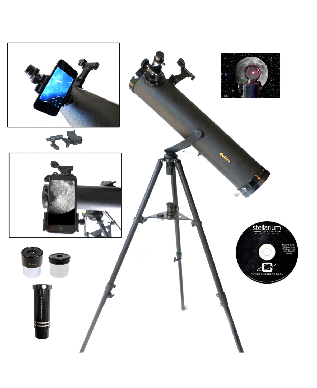 Galileo 800 X 95mm Astronomical Telescope And Red Dot Finder Scope And Stellarium Cd In Black