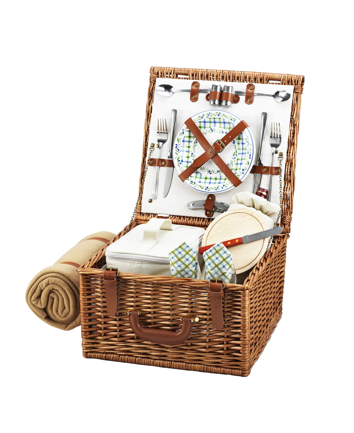 Cheshire English-Style Willow Picnic Basket for 4 with Blanket - Turquoise