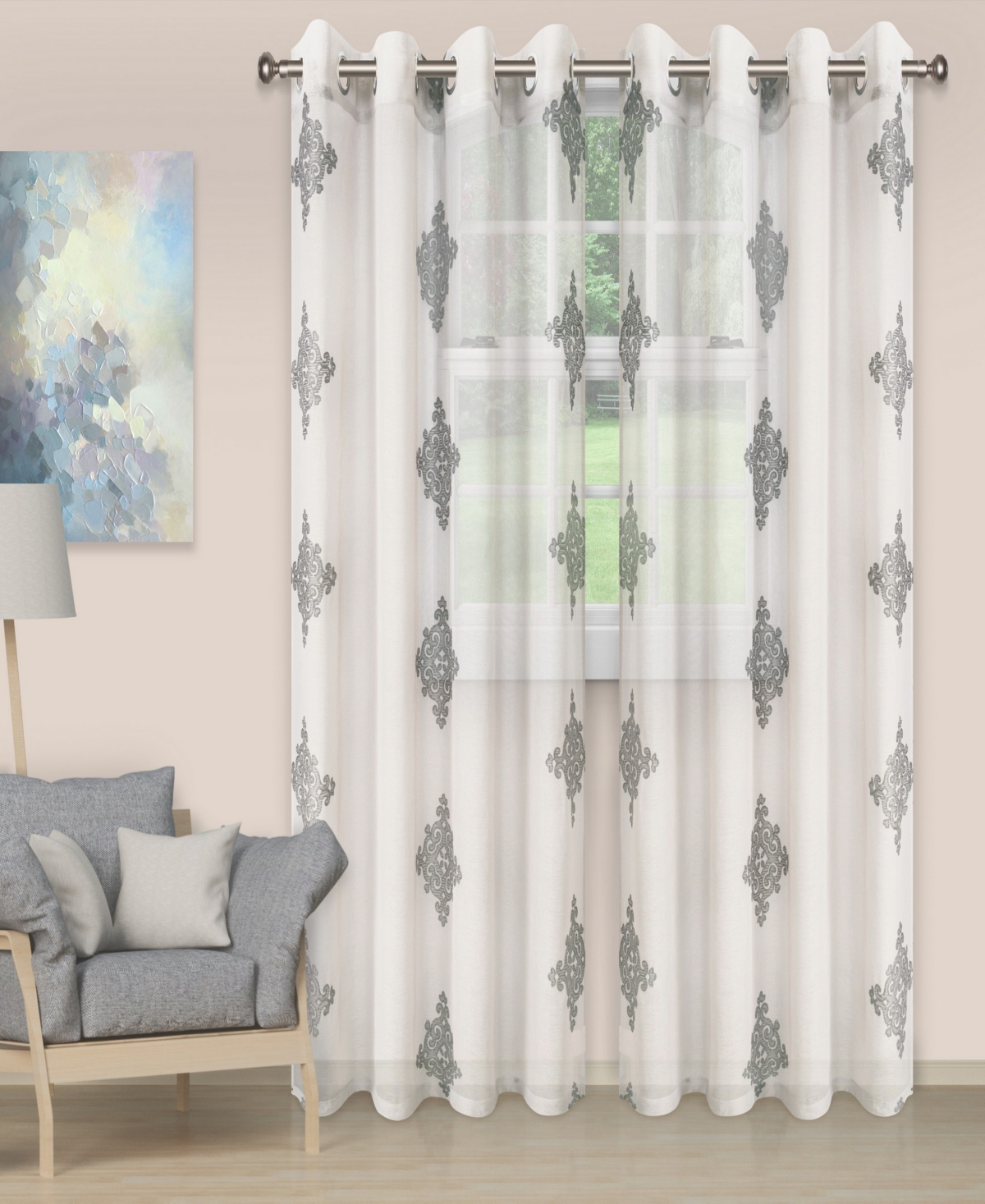 Superior Damask Sheer Modern 2-Piece Curtain Panels with Grommet Header Top, 52