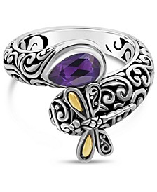 Sweet Dragonfly Sterling Silver Ring with 18K Gold and Amethyst Accents
