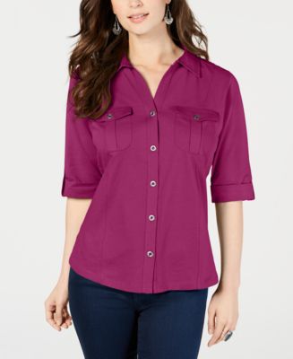Style & Co Roll-Tab Metal-Button Front Shirt, Created for Macy's - Macy's