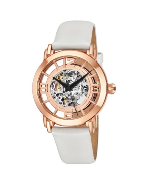 Stuhrling Original Stainless Steel Rose Tone Case on White Satin Twill Covered Genuine Leather Strap, Rose Tone Dial, With Black Accents