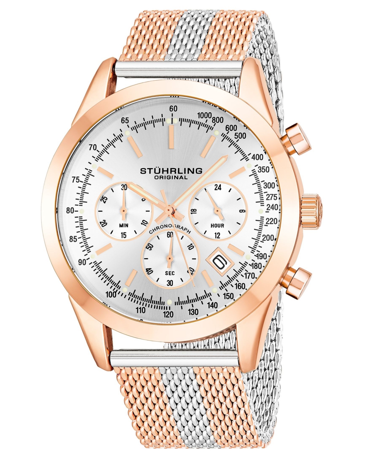 Men's Quartz Chronograph Date Rose Gold-Tone and Silver-Tone Stainless Steel Mesh Bracelet Watch 44mm - White