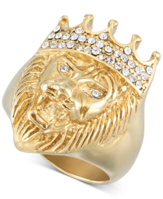 Crystal Lion Ring in Gold-Tone Ion-Plated Stainless Steel