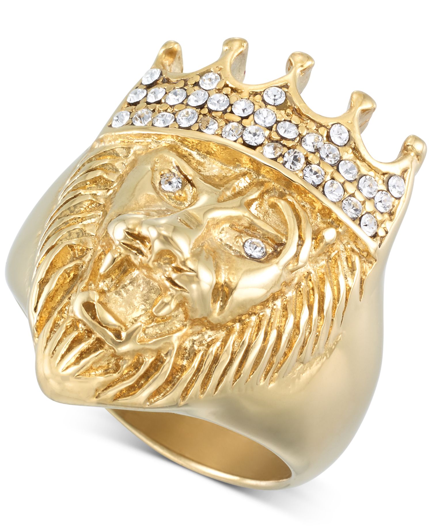 Crystal Lion Ring in Gold-Tone Ion-Plated Stainless Steel