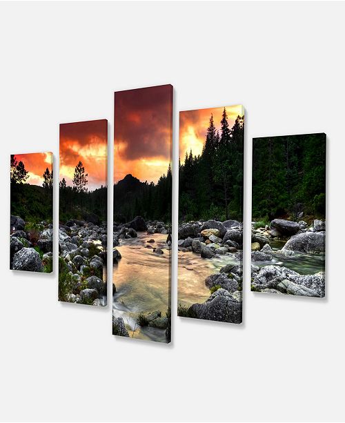 Designart Rocky Mountain River At Sunset Extra Large Wall Art Landscape 60 X 32 5 Panels