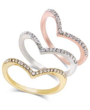 image of Inc Tri-Tone 3-Pc Set Crystal Chevron Stackable Rings, Created for Macy-s