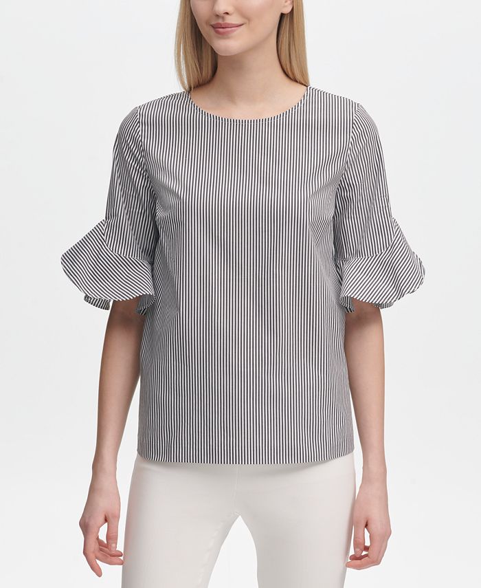 Calvin Klein Striped Ruffle-Sleeve Top - Macy's