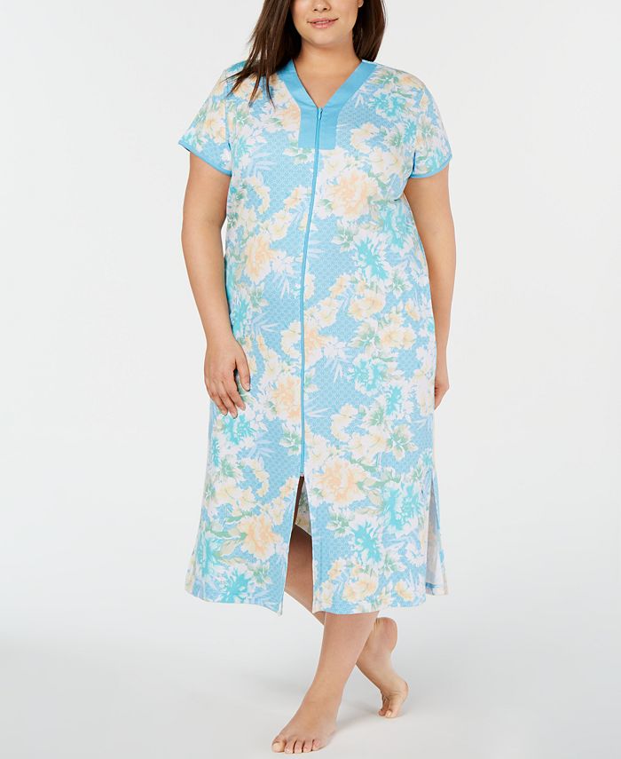 Miss Elaine PlusSize FlowerPrint Interlock Knit ZipUp Robe Macy's