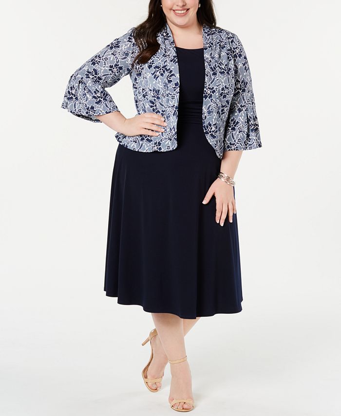 Jessica Howard Plus Size Dress & Printed Bell-Sleeve Jacket - Macy's