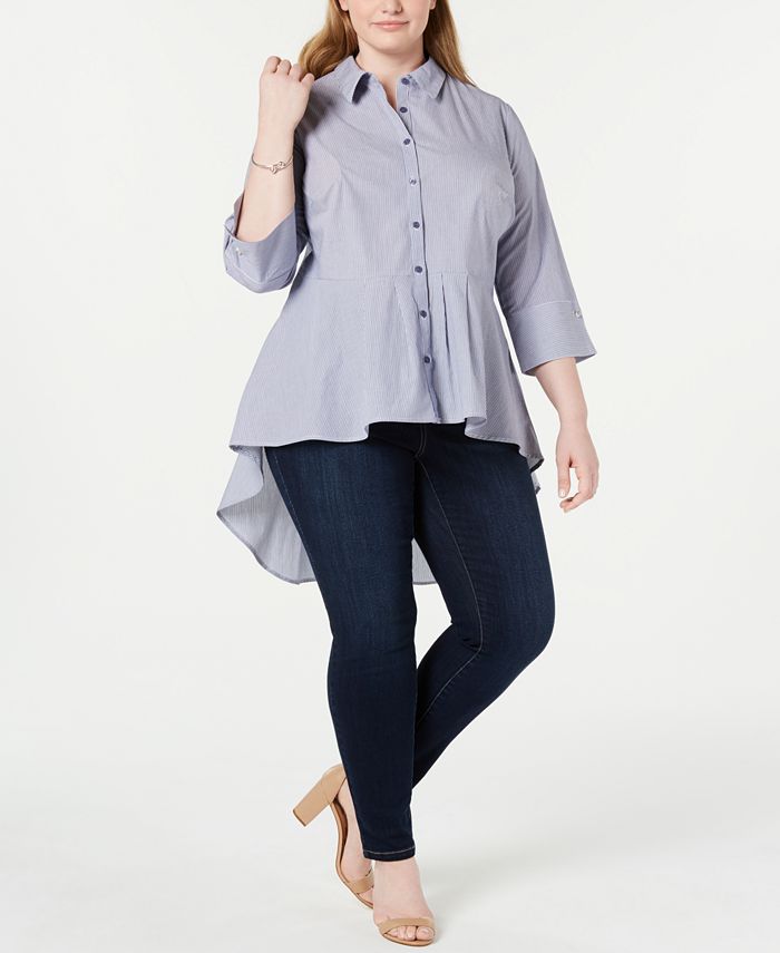 NY Collection Plus Size Cotton Pleated High-Low Blouse - Macy's