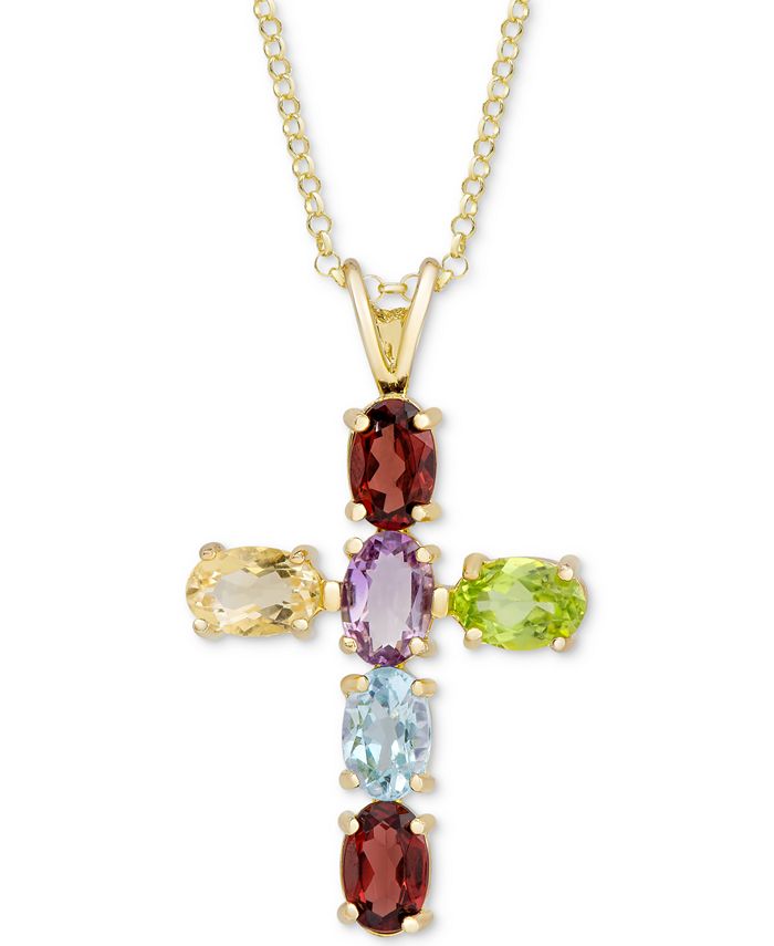 Macy's - Multi-Gemstone Cross Pendant Necklace (3 ct. t.w.) in 18k Gold-Plated Sterling Silver