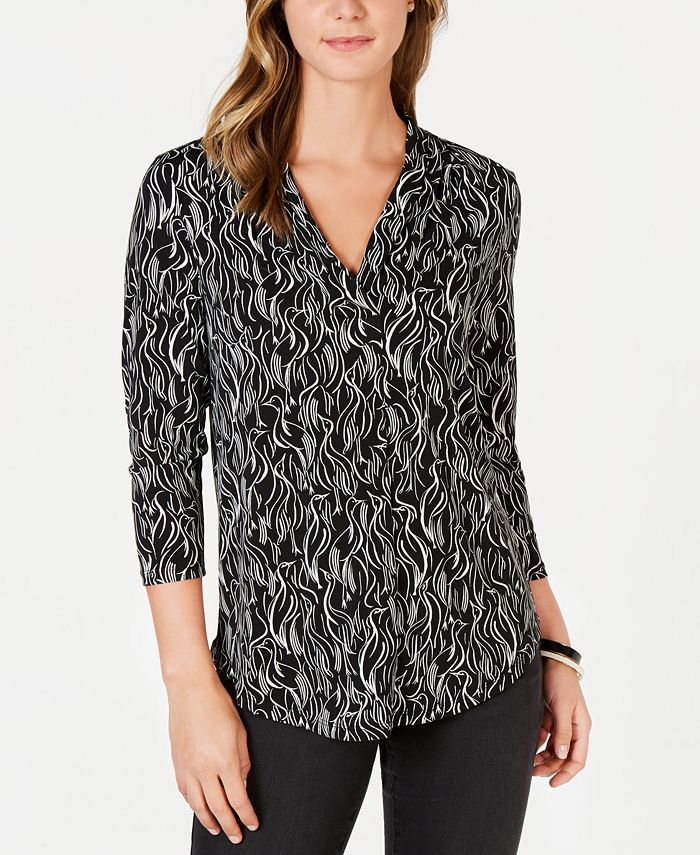 Charter Club Petite Printed V-Neck Top, Created for Macy's - Macy's