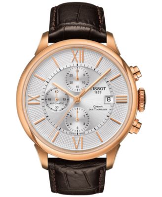 Tissot - Men's Swiss Automatic Chronograph T-Classic Chemin des Tourelles Brown Leather Strap Watch 44mm