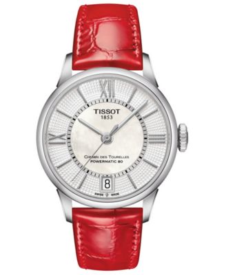 Women's Swiss Automatic T-Classic Chemin des Tourelles Red Leather Strap Watch 32mm