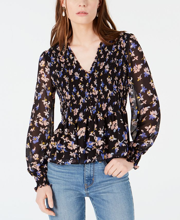 Bar III Floral LongSleeve Smocked Top, Created for Macy's Macy's