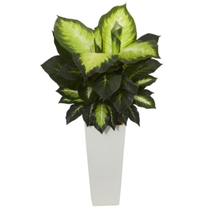 Nearly Natural Golden Dieffenbachia Artificial Plant In White Tower Planter In Green
