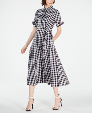 CALVIN KLEIN PETITE GINGHAM-PRINT MIDI DRESS
