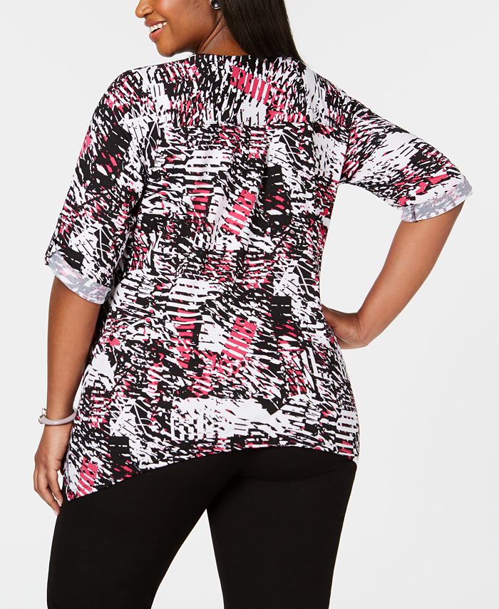 NY Collection Plus Size Printed Zip-Front Top - Macy's